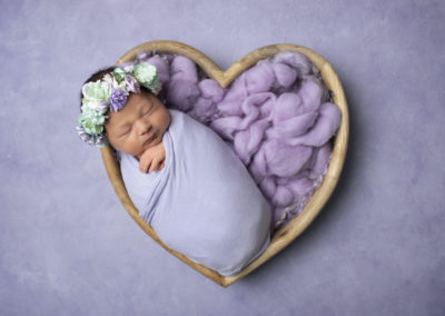 Newborn photoshoot Peekaboo Liverpool lilac heart bowl and flower headband