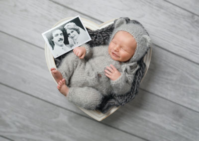 Newborn photoshoot Peekaboo Liverpool grey heart bowl with personalised black & white family photograph