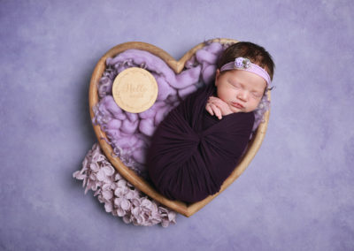Newborn photoshoot Peekaboo Liverpool lilac and purple floral heart
