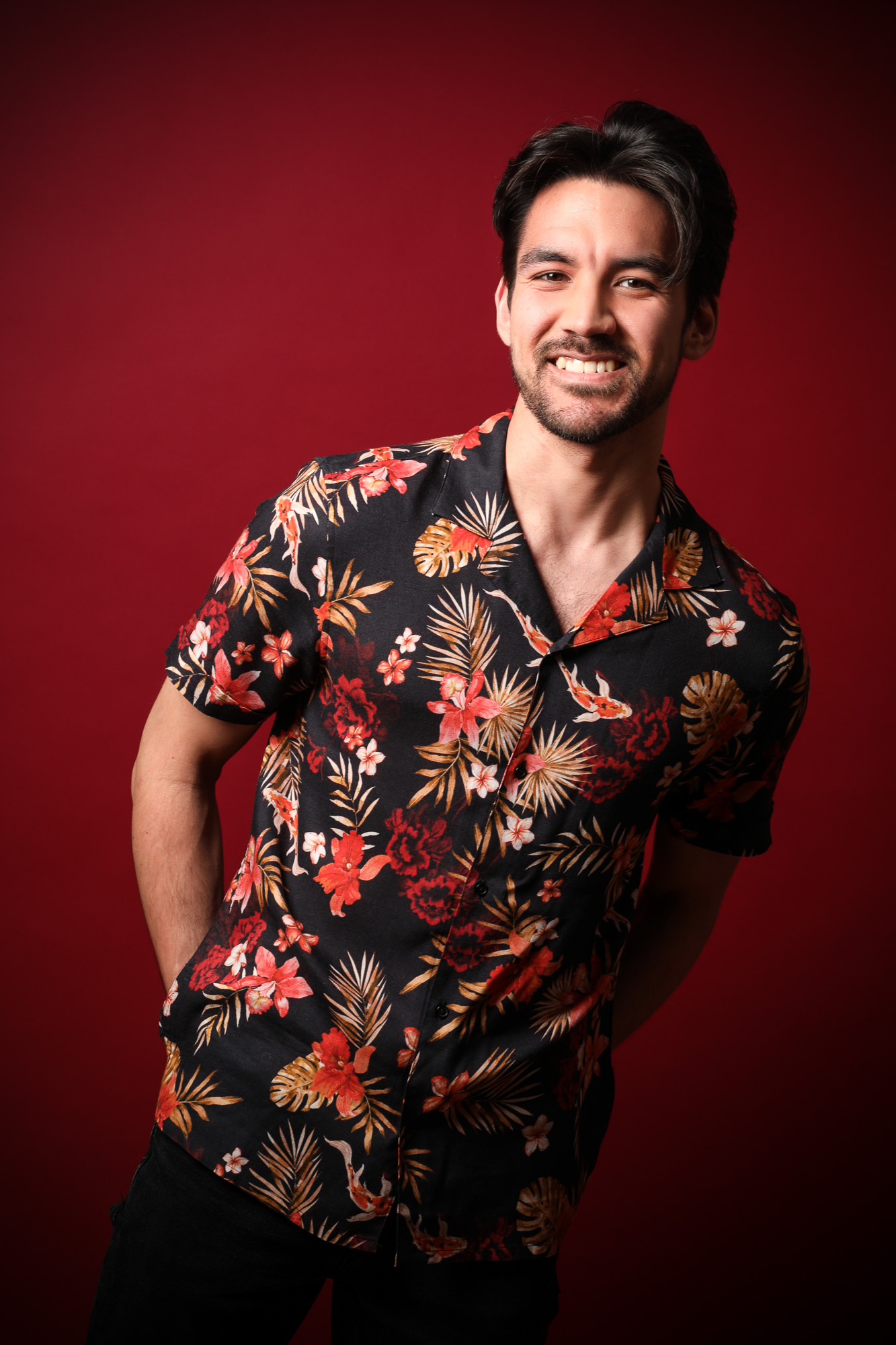 mens photoshoot red backdrop hawaiian shirt
